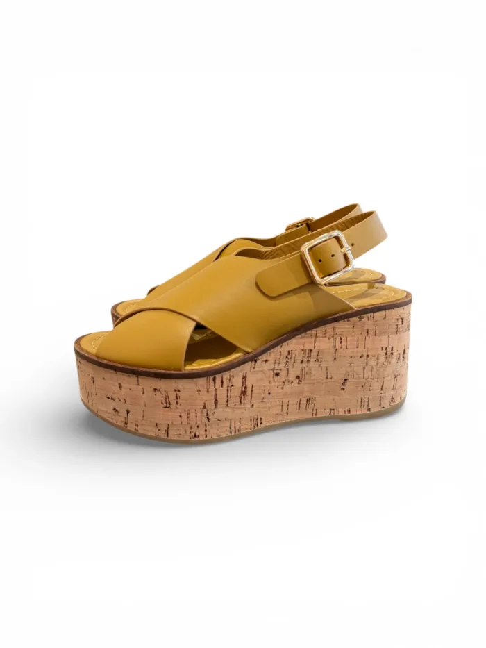 Sandali Paloma Barcelò Donna con Zeppa in Sughero 8 cm e Plateau 4 cm in Pelle Senape art. Nus Calidis Ochre, foto 4 di 5
