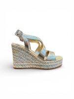Sandali Paloma Barcelò Palomitas Donna con Zeppa 10 cm e Plateau 3 cm in Rafia e Pelle Platino art. Fauna Napa Metal Platino