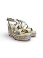 Sandali Paloma Barcelò Palomitas Donna con Zeppa 10 cm e Plateau 3 cm in Rafia e Pelle Platino art. Fauna Napa Metal Platino - immagine 2