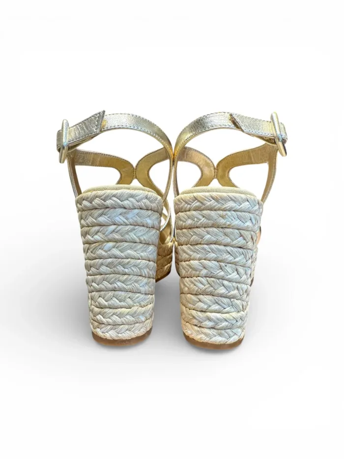 Sandali Paloma Barcelò Palomitas Donna con Zeppa 10 cm e Plateau 3 cm in Rafia e Pelle Platino art. Fauna Napa Metal Platino, foto 5 di 5