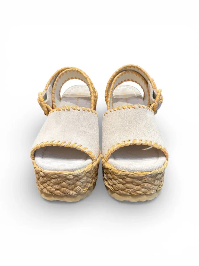 Sandali Paloma Barcelò Donna con Zeppa 11 cm e Plateau 4 cm in Rafia e Camoscio Avorio art. Cindy Suede Off White, foto 3 di 5