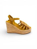 Sandali Paloma Barcelò Palomitas Donna con Zeppa 11 cm e Plateau 3 cm in Rafia Beige e Suede Ocra art. Fannie Raffia Natural