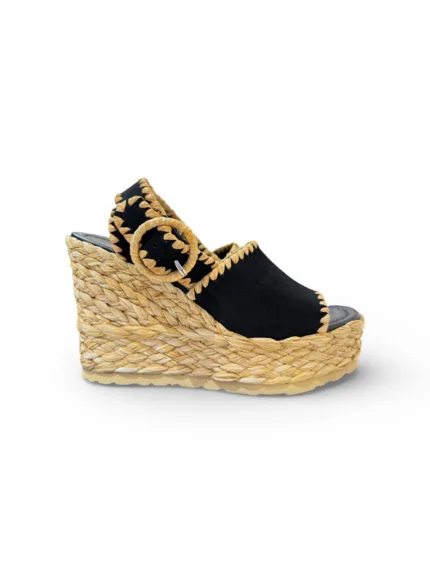 Sandali Paloma Barcelò Donna con Zeppa 11 cm e Plateau 4 cm in Rafia e Camoscio Nero art. Cindy Suede Black