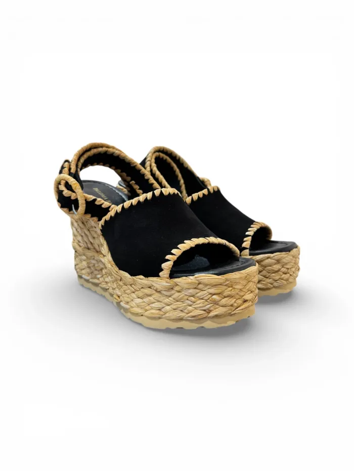 Sandali Paloma Barcelò Donna con Zeppa 11 cm e Plateau 4 cm in Rafia e Camoscio Nero art. Cindy Suede Black, foto 2 di 4