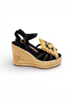 Sandali Paloma Barcelò Palomitas Donna con Zeppa 11 cm e Plateau 3 cm in Rafia Beige e Suede Nero art. Fannie Raffia Black