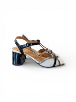 Sandalo Chie Mihara In Pelle Lucida Nera e Pelle Crema, Tacco Grosso 7 cm art. Ryejo - immagine 3