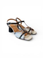 Sandalo Chie Mihara In Pelle Lucida Nera e Pelle Crema, Tacco Grosso 7 cm art. Ryejo - immagine 2