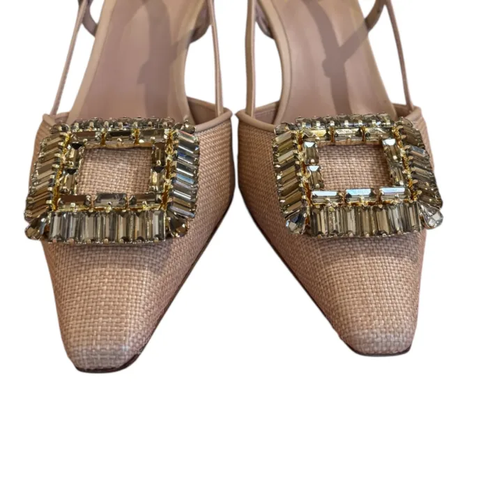 Slingback Roberto Festa in Tessuto Intrecciato Beige con Dettaglio Gioiello, Tacco 7 cm art. Julien, foto 2 di 4