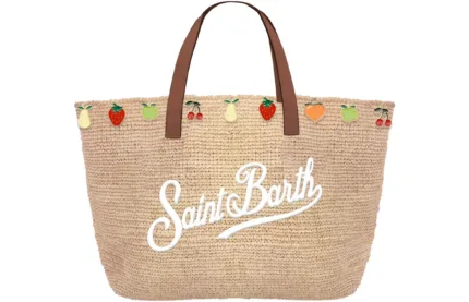 Borsa A Mano Piccola Con Tracolla Mc2 Saint Barth in Rafia Beige Dettagli Cuoio e Charm art. Raffia City Mini Fruit Charm 1118 EMB