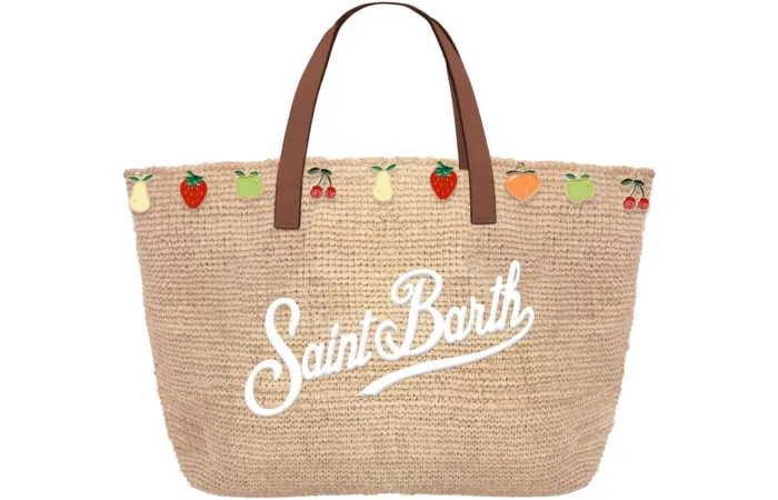 Borsa A Mano Piccola Con Tracolla Mc2 Saint Barth in Rafia Beige Dettagli Cuoio e Charm art. Raffia City Mini Fruit Charm 1118 EMB, foto 1 di 1