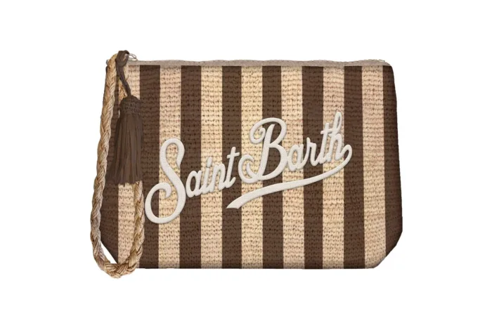 Borsa Piccola A Tracolla Mc2 Saint Barth in Rafia Beige e Bordeaux a Righe art. Raffia Pouch Stripes S V 18 EMB, foto 1 di 1