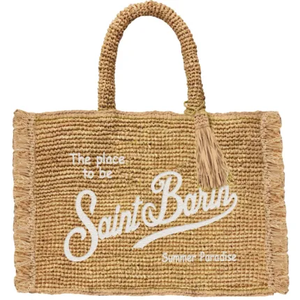 Borsa Grande A Mano Mc2 Saint Barth in Rafia Beige Scritta Bianca art. Vanity Raffia Fringes 1110 EMB