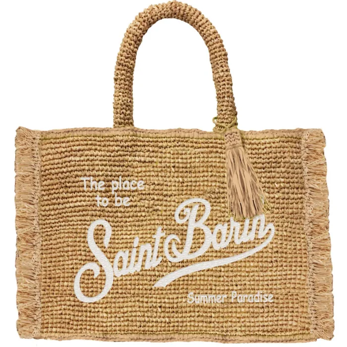 Borsa Grande A Mano Mc2 Saint Barth in Rafia Beige Scritta Bianca art. Vanity Raffia Fringes 1110 EMB, foto 1 di 1