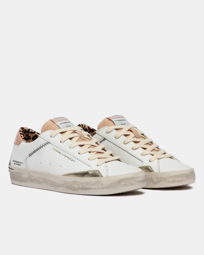 Sneaker Donna Crime London Distressed in Pelle Bianca e Dettagli Rosa Nude art. 29008PP8.10, foto 2 di 4