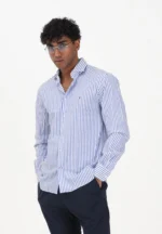 Camicia Uomo Tommy Hilfiger Slim fit in Cotone Stretch Bacchettato Bianco Azzurro Collo Aperto cod MW0MW42928 C7F - immagine 2