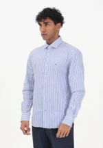 Camicia Uomo Tommy Hilfiger Slim fit in Cotone Stretch Bacchettato Bianco Azzurro Collo Aperto cod MW0MW42928 C7F