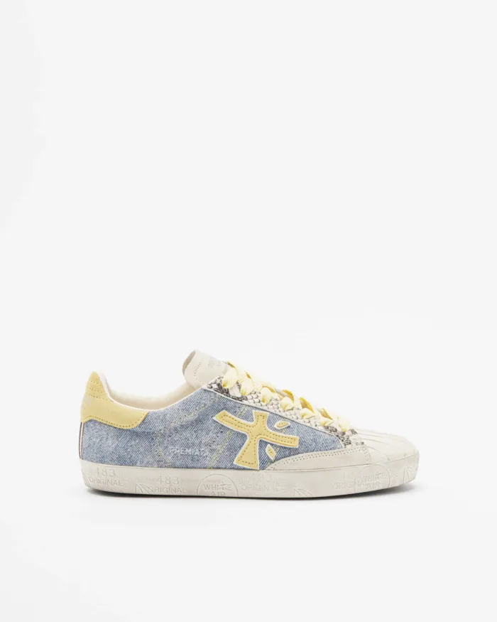 Sneakers Premiata Donna in Tessuto Jeans e Dettagli Gialli art. Stevend 8057, foto 1 di 5
