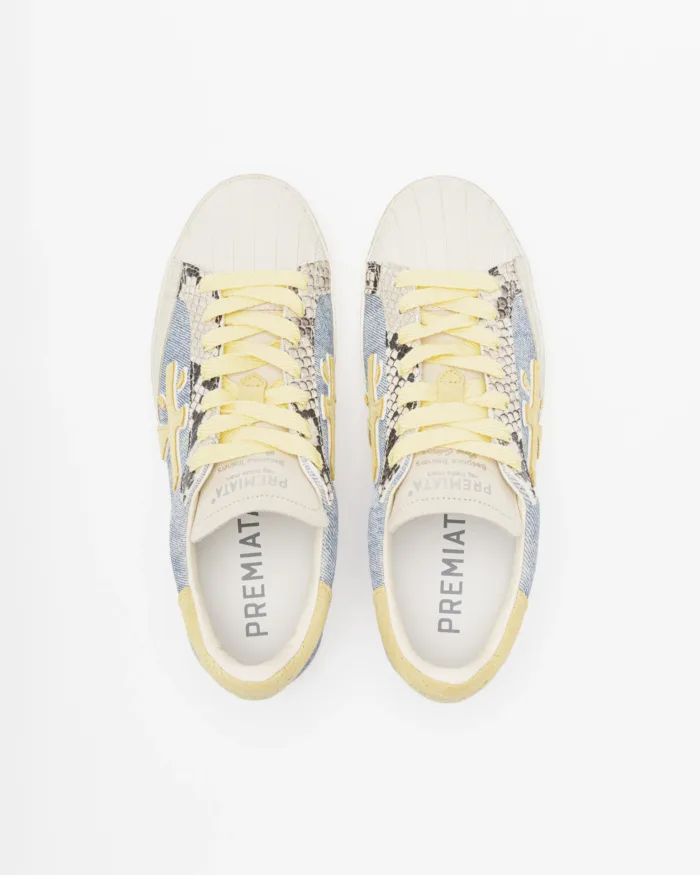 Sneakers Premiata Donna in Tessuto Jeans e Dettagli Gialli art. Stevend 8057, foto 4 di 5
