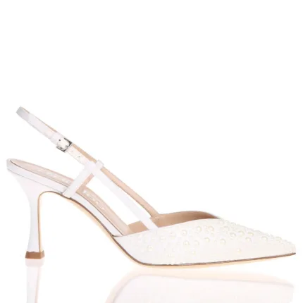 Slingback Ninalilou in raso Avorio con applicazione di perle, scollo a punta Tacco 7,5 cm art. 361243A7