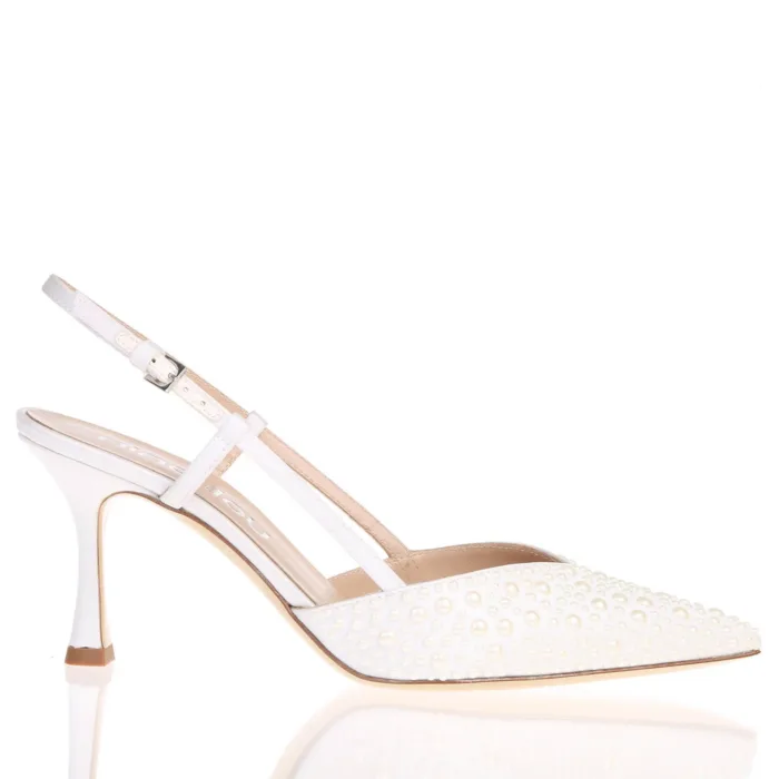 Slingback Ninalilou in raso Avorio con applicazione di perle, scollo a punta Tacco 7,5 cm art. 361243A7, foto 1 di 4