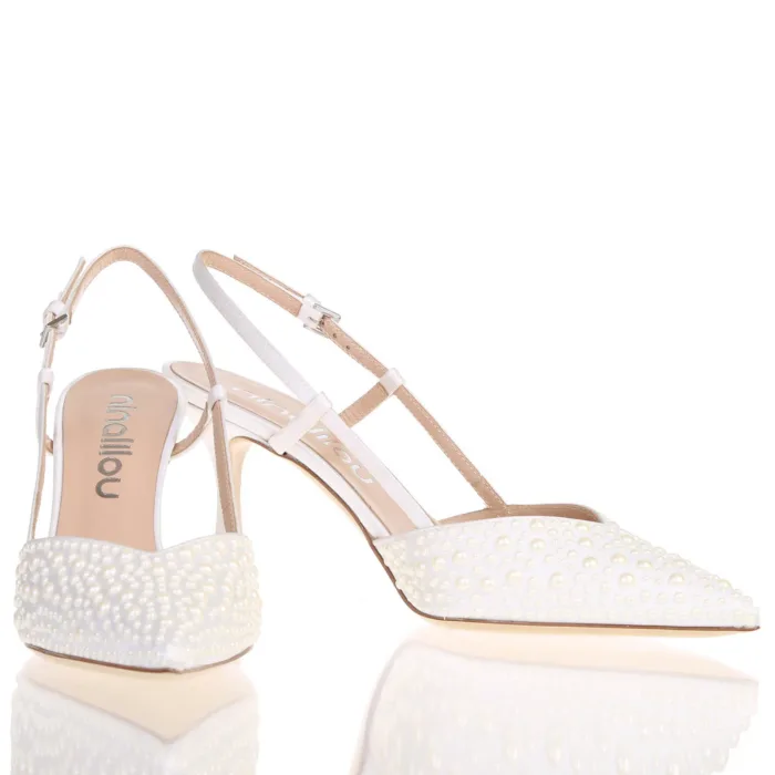 Slingback Ninalilou in raso Avorio con applicazione di perle, scollo a punta Tacco 7,5 cm art. 361243A7, foto 3 di 4