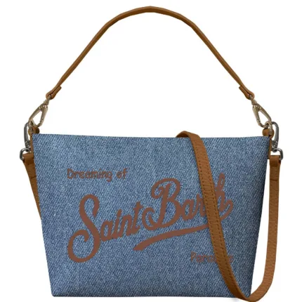 Pochette con Tracolla Mc2 Saint Barth in Tessuto Denim Logo Ricamato Marrone art. Aline Bag Denim Grain Leather 19 EMB