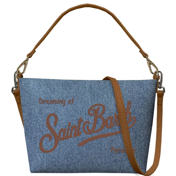 Pochette con Tracolla Mc2 Saint Barth in Tessuto Denim Logo Ricamato Marrone art. Aline Bag Denim Grain Leather 19 EMB, foto 1 di 1