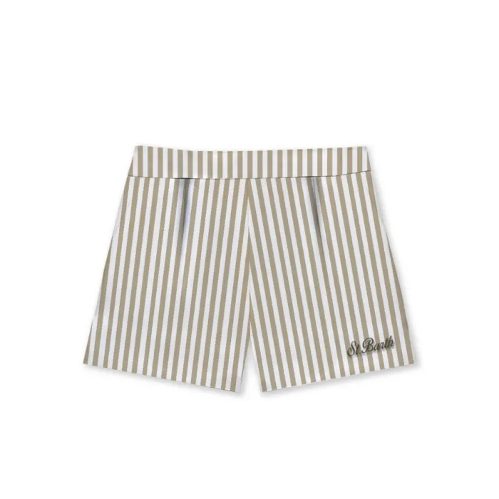 Pantaloncino Mc2 Saint Barth in Cotone a Righe Bianche e Beige art. Amani Cotton SB Beach Stripes V 11 EMB, foto 1 di 1