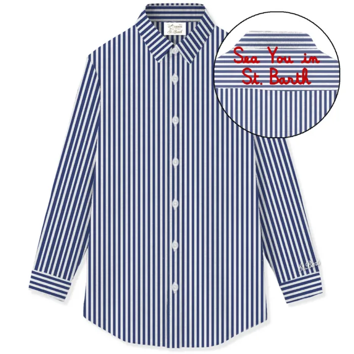 Camicia Mc2 Saint Barth in Cotone a Righe Bianche e Blu art. Brigitte Cotton Stripes V See 61 EMB, foto 1 di 1