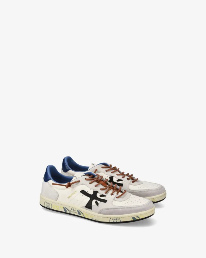 Sneakers Premiata Uomo in Pelle Avorio e Camoscio Grigio art. Bsktclay 7617, foto 4 di 5