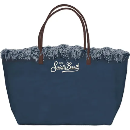 Borsa A Spalla Grande Mc2 Saint Barth in Tessuto Denim Dettagli Cuoio Logo Ricamato art. City Bag Fringe Canvas 61  EMB