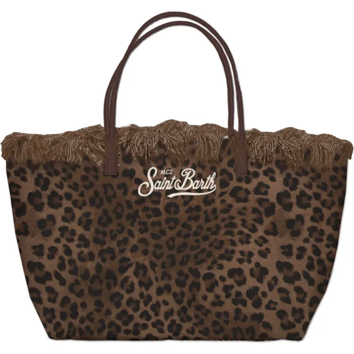Borsa A Spalla Grande Mc2 Saint Barth In Tessuto Maculato Dettagli Cuoio Logo Ricamato art. City Bag Fringe Canvas Dark Leopard 18  EMB, foto 1 di 1