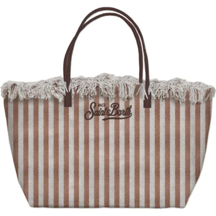 Borsa A Spalla Grande Mc2 Saint Barth in Tessuto A Righe Avorio E Marrone art. City Bag Fringe HB Stripes 19 EMB