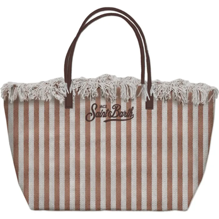 Borsa A Spalla Grande Mc2 Saint Barth in Tessuto A Righe Avorio E Marrone art. City Bag Fringe HB Stripes 19 EMB, foto 1 di 1