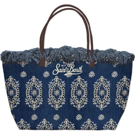 Borsa A Spalla Grande Mc2 Saint Barth in Tessuto Sangallo Jeans art. City Bag Fringe Sangallo Denim Dark EMB