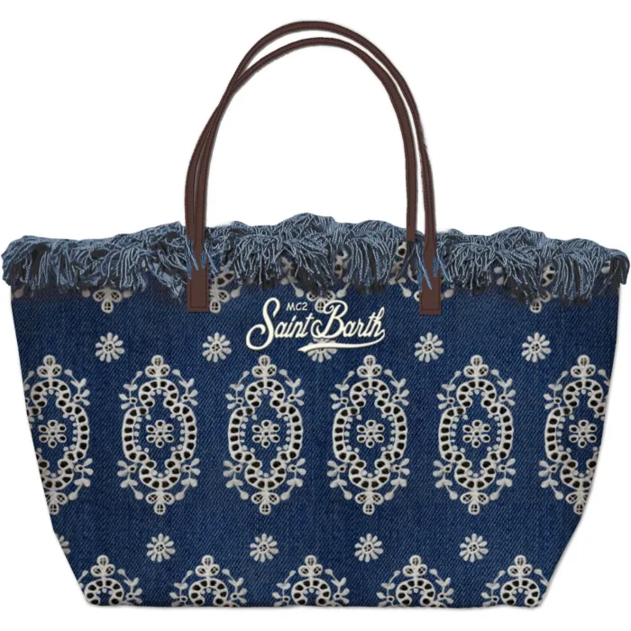 Borsa A Spalla Grande Mc2 Saint Barth in Tessuto Sangallo Jeans art. City Bag Fringe Sangallo Denim Dark EMB, foto 1 di 1
