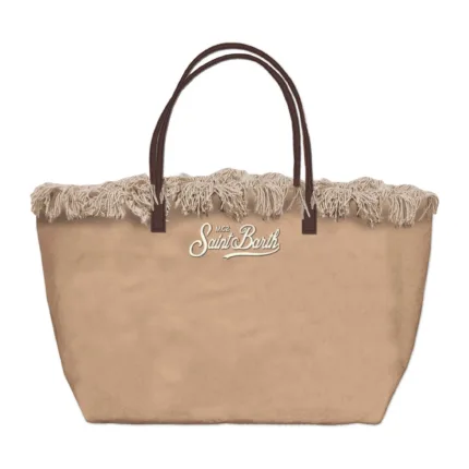 Borsa A Spalla Media Mc2 Saint Barth in Tessuto Beige Dettagli Cuoio Logo Ricamato art. City Bag Mid Fringe Canvas 11 EMB