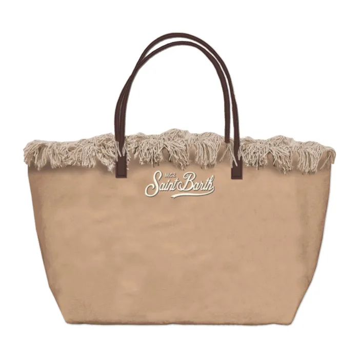 Borsa A Spalla Media Mc2 Saint Barth in Tessuto Beige Dettagli Cuoio Logo Ricamato art. City Bag Mid Fringe Canvas 11 EMB, foto 1 di 1