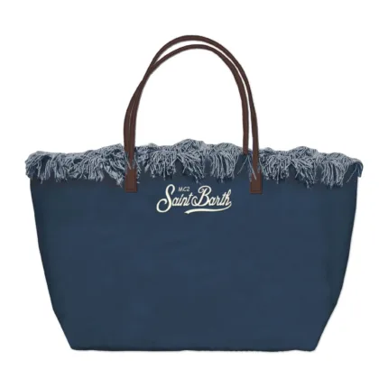 Borsa A Spalla Media Mc2 Saint Barth in Tessuto Denim Dettagli Cuoio Logo Ricamato art. City Bag Mid Fringe Canvas 61  EMB