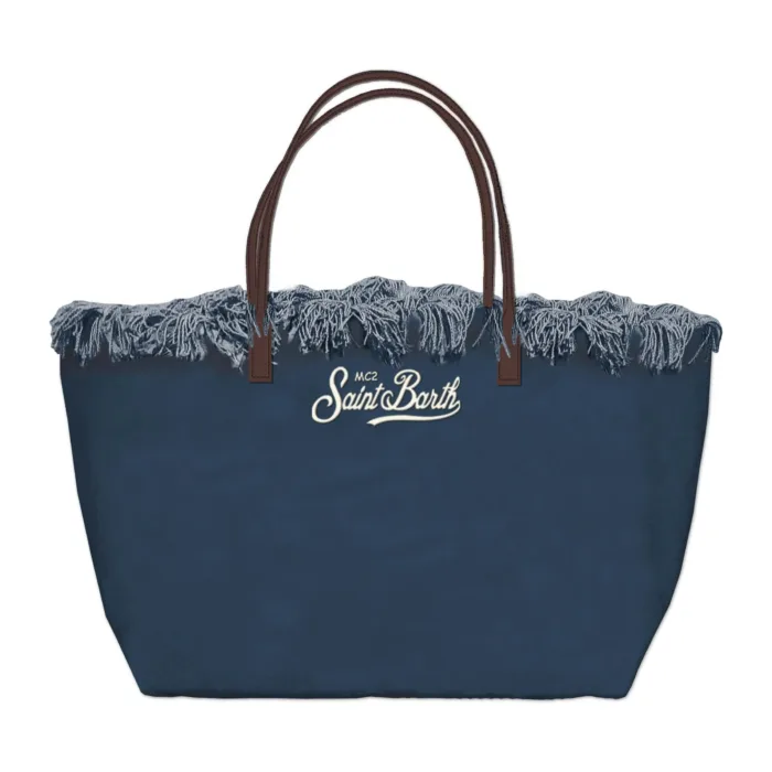 Borsa A Spalla Media Mc2 Saint Barth in Tessuto Denim Dettagli Cuoio Logo Ricamato art. City Bag Mid Fringe Canvas 61  EMB, foto 1 di 1