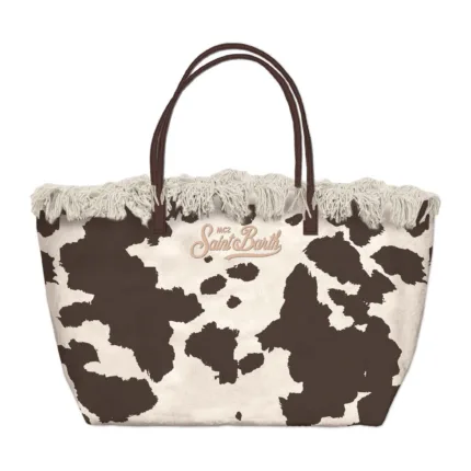 Borsa A Spalla Grande Mc2 Saint Barth in Tessuto Beige Muccato Dettagli Cuoio art. City Bag Fringe Canvas Cow West 18  EMB