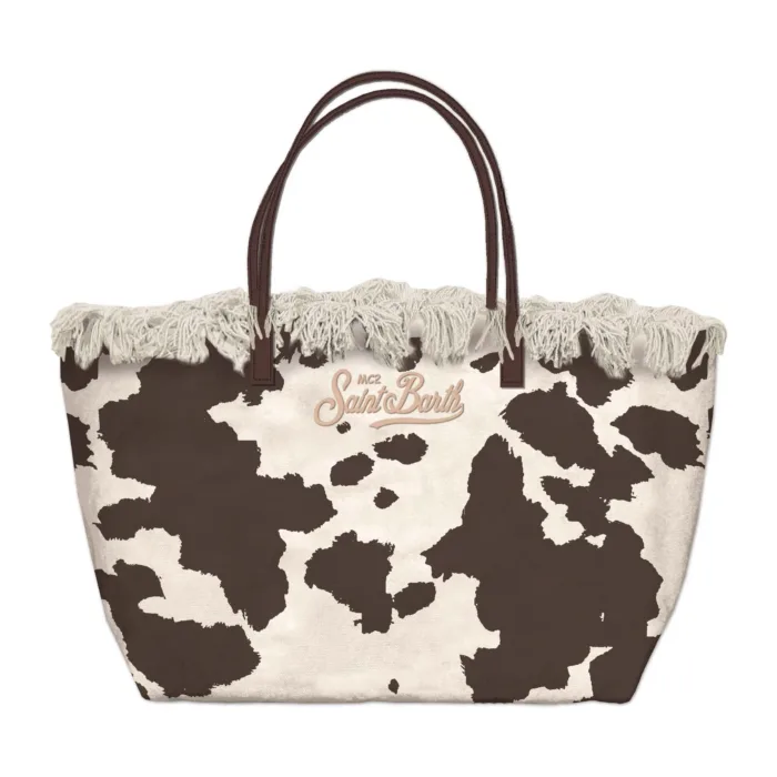 Borsa A Spalla Grande Mc2 Saint Barth in Tessuto Beige Muccato Dettagli Cuoio art. City Bag Fringe Canvas Cow West 18  EMB, foto 1 di 1