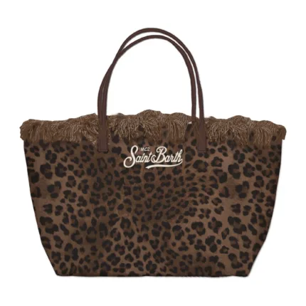 Borsa A Spalla Media Mc2 Saint Barth in Tessuto Stampa Maculata Dettagli Cuoio Logo Ricamato art. City Bag Mid Fringe Canvas Dark Leopard 18 EMB