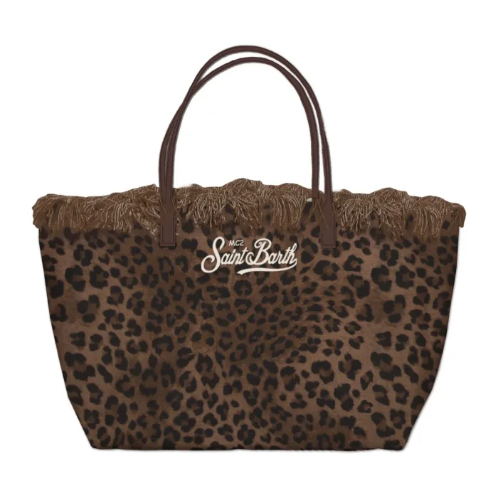 Borsa A Spalla Media Mc2 Saint Barth in Tessuto Stampa Maculata Dettagli Cuoio Logo Ricamato art. City Bag Mid Fringe Canvas Dark Leopard 18 EMB, foto 1 di 1