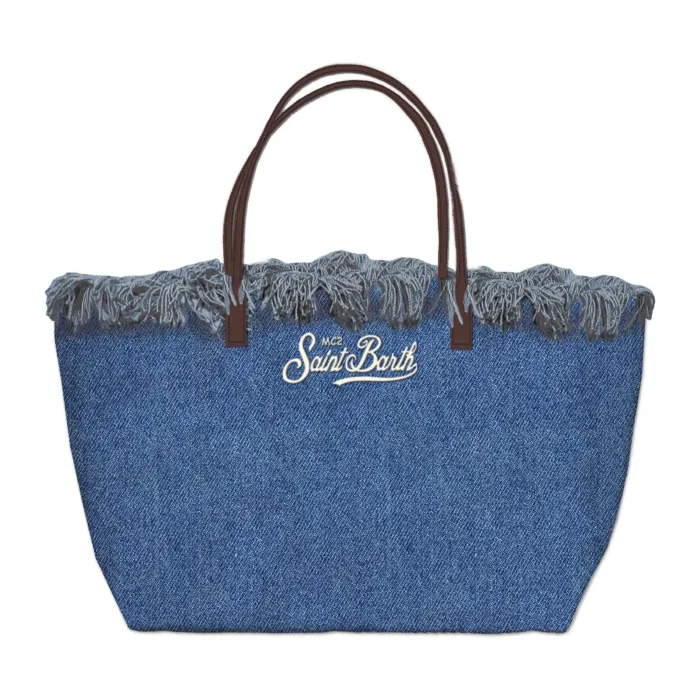 Borsa A Spalla Media Mc2 Saint Barth In Tessuto Denim Dettagli Cuoio Logo Ricamato art. City Bag Mid Fringe Denim EMB, foto 1 di 1