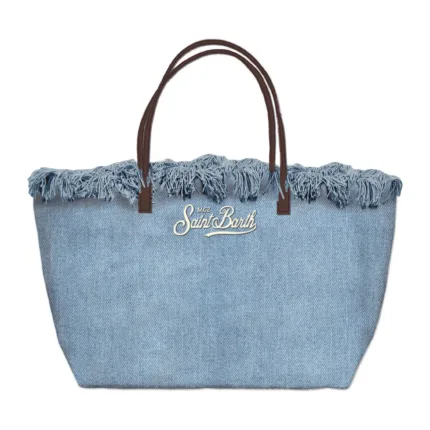 Borsa A Spalla Media Mc2 Saint Barth In Tessuto Denim Chiaro Dettagli Cuoio Logo Ricamato art. City Bag Mid Fringe Denim Light EMB