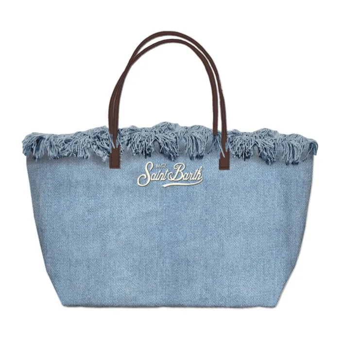 Borsa A Spalla Grande Mc2 Saint Barth In Denim Chiaro e Dettagli Cuoio Logo Ricamato art. City Bag Fringe Denim Light EMB, foto 1 di 1