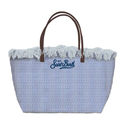 Borsa A Spalla Media Mc2 Saint Barth in Tessuto Jeans Dettagli Cuoio Logo Ricamato art. City Bag Mid Fringe Micro Stripes V1761 EMB