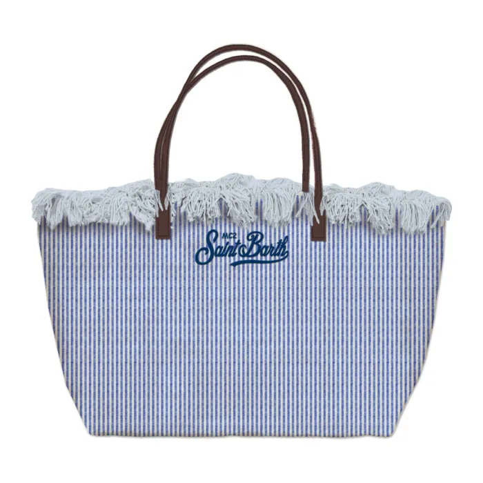 Borsa A Spalla Media Mc2 Saint Barth in Tessuto Jeans Dettagli Cuoio Logo Ricamato art. City Bag Mid Fringe Micro Stripes V1761 EMB, foto 1 di 1