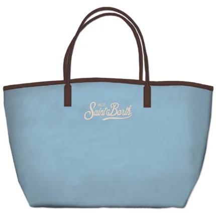 Borsa A Spalla Grande Mc2 Saint Barth In Tessuto Celeste e Dettagli Cuoio Logo Ricamato art. City Bag Nylon 3118 EMB